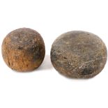 Two 19thC bakery dampers, one of wooden ball form, 12cm wide, the other of compressed cylindrical fo
