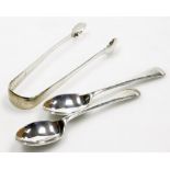 A pair of George III silver sugar tongs, of plain form, London 1811, and a pair of Edward VII Old En