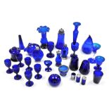 A group of Bristol Blue and other glassware, to include sherry glasses, sugar castor, salts, a flask