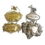 A group of decanter labels, to include a whisky label, with embossed vine and grape decoration, a br