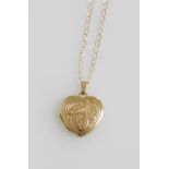 A 9ct gold heart shaped photo locket, foliate engraved, with a neck chain, on a bolt ring clasp, 3.0