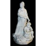 A late 18thC Derby biscuit porcelain figure group emblematic of music and poetry, modelled as a stan