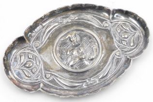 An Edward VII Art Nouveau trinket tray, embossed centrally with a figure of a lady with flowing hair