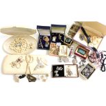 Silver and costume jewellery, including marcasite and paste set brooches, Majorca simulated pearls,