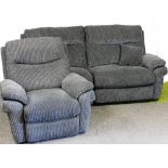 A Layzboy two seater reclining sofa, upholstered in dark grey fabric, 203cm wide, and a matching man