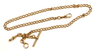 A 9ct gold curb link Albert chain, with lobster claw clasp, and T bar as fitted, 33.3g, 49cm wide.