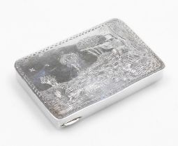 A Victorian silver snuff or patch box of hunting interest, of rectangular form, the hinged lid brigh