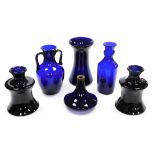 A pair of Bristol Blue glass vases, of hourglass form, 20cm high, a two handled Bristol Blue vase, o