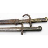 Two late 19thC French St Etienne bayonets, 1866 pattern, one with scabbard, 77cm long. (both AF)