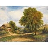 L. Richards (19thC School). Figure and chickens before thatched cottage, oil on canvas, signed, 41cm