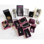 Silver and costume jewellery, including two butterfly necklaces, swivel fob, bracelet, dress wristwa