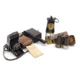 A group of collectables, comprising a brass and black painted metal Protector Lamp and Lighting Comp