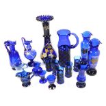 A group of Victorian and later Bristol Blue and other coloured glass, to include pieces with enamel