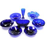 A group of Bristol Blue and other glass dishes, to include a pair of shell shaped dishes, etc. (a qu