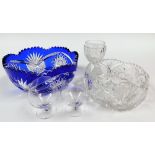 A group of glassware, to include a blue flash glass bowl, 24cm wide, a cut glass rummer, on a square