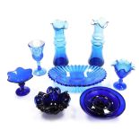 Various Bristol Blue and other glassware, to include a pair of vases, moulded glass goblet decorated