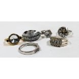 A group of paste set dress rings, various styles. (6)