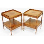 A pair of yew two tier side tables, the quartered and veneered tops each with a three quarter galler