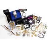 Assorted costume jewellery, including gentleman's cufflinks, wristwatches and pocket watches, brooch