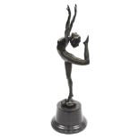 An Art Deco style bronze figure of a snake charmer, on a marble socle base, unsigned, 55cm high.