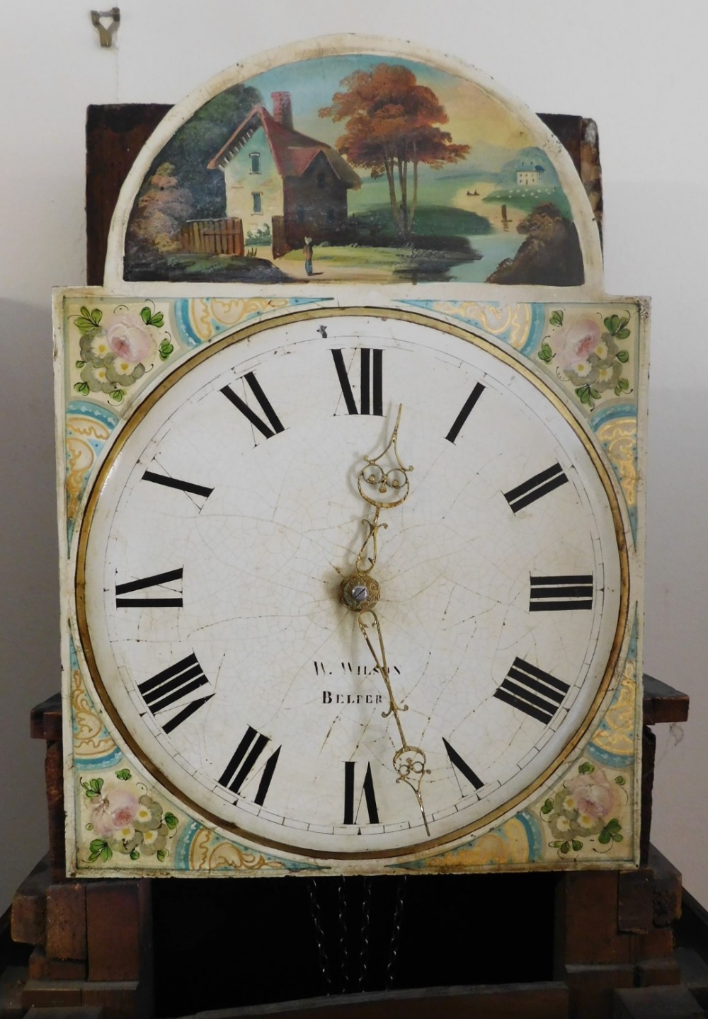 W. Wilson Belper. A 19thC oak longcase clock, the arched dial painted with a river landscape with c - Bild 3 aus 4