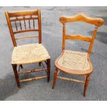 A 19thC oak and rush seated country chair, together with a Victorian beech and cane seated bedroom c