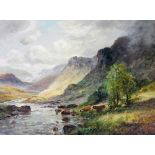 L. Richards (19thC School). Highland scene with cattle and lake before mountains, oil on canvas, sig