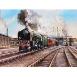 Adrian Thompson. Study of a steam train 'Bronzino', A2 Class, 60539, green livery at station, waterc