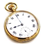 A Record Dreadnought gold plated gentleman's gold plated pocket watch, open faced, keyless wind, cir