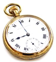 A Record Dreadnought gold plated gentleman's gold plated pocket watch, open faced, keyless wind, cir