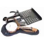A Kmise ukulele banjo, with a rosewood finger board and teak case, 60cm long, a canvas carry case, a