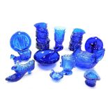 A group of Bristol Blue glass, to include two novelty Toby jugs, a hen shaped egg tureen, a smaller