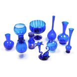 Various Bristol Blue vases, a pedestal bowl, a vase melted with a swan, etc. (a quantity)