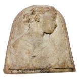 A composition relief bust of a child, classical style, of arched form, 41cm x 31cm.