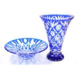 Two items of Bohemian blue flashed glassware, comprising a vase of trumpet form, 30cm high, and a di