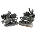 A pair of 19thC cast spelter figures of knights on rearing horseback, on oval bases, one mounted on