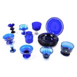 Various items of Bristol Blue and other glass, to include ribbon plates, pair of bowls with white op