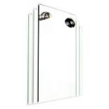 An Art Deco style bathroom wall mirror, with two angled electric lights, inset with bevelled glass,