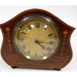 An Edwardian mahogany and inlaid mantel clock, with Roman numeric dial, eight day key wind Bayard mo