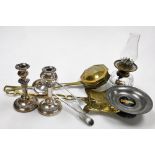 A group of metal wares, to include two silver plated fiddle pattern soup ladles, a brass chestnut ro