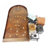 An early 20thC oak bagatelle board, a quantity of cameras, to include a Kodak Brownie model 1 camera