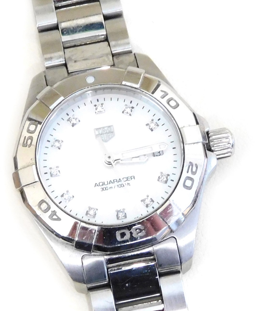 A Tag Heuer Aquaracer lady's stainless steel cased wristwatch, circular opalescent dial set with dia