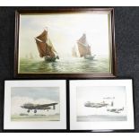 20thC School. Sailing boats, oil on canvas, indistinctly signed, 50cm x 74cm, and two aviation print