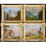 Four Swiss Alpine scenes, painted by Pawlitschek, Kufler, Haller, and Holborn, oil on board, each si