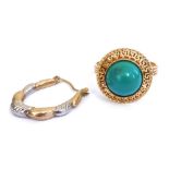 A cabochon turquoise ring, in an openwork basket setting, the shank stamped K18, size P, 4.2g, toget