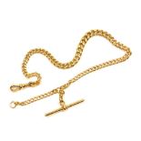 A 15ct gold graduated curb link Albert chain, with lobster claw clasp, and T bar as fitted, 35.1g, 3