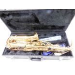 A Jupiter brass alto saxophone, with mother of pearl finger boards, JAS-769-767, 605307, with a prec