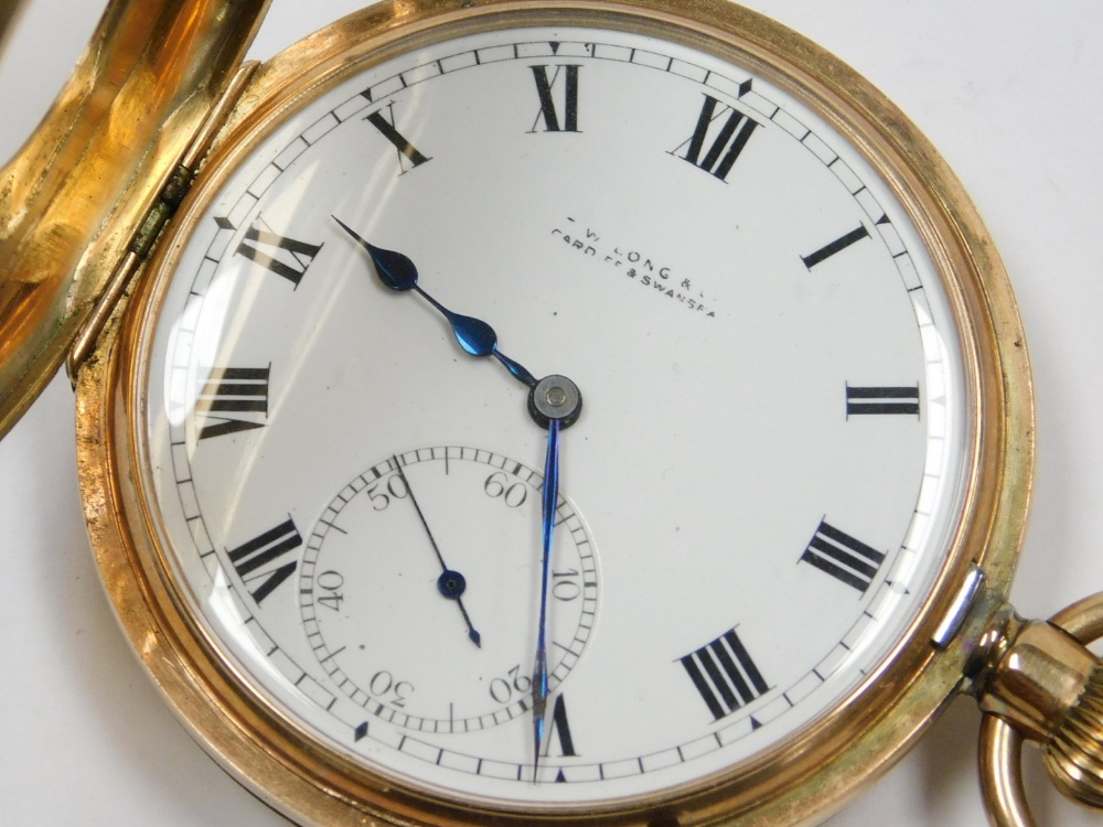 A 9ct gold gentleman's half hunter pocket watch, by T.W. Long and Co Cardiff and Swansea, keyless wi - Bild 2 aus 3