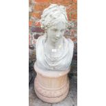 A reconstituted stone bust of a lady, on terracotta circular plinth, 91cm high, the plinth 45cm diam