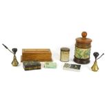 Novelty trinkets, comprising two Eastern brass miniature pipes, Tortoiseshell Cigarettes tin, Playe